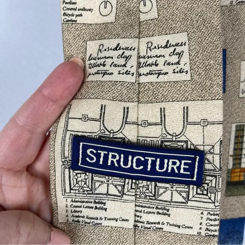 Architectural Print Silk Neck Tie City Planner Architect Tan Blue Structure